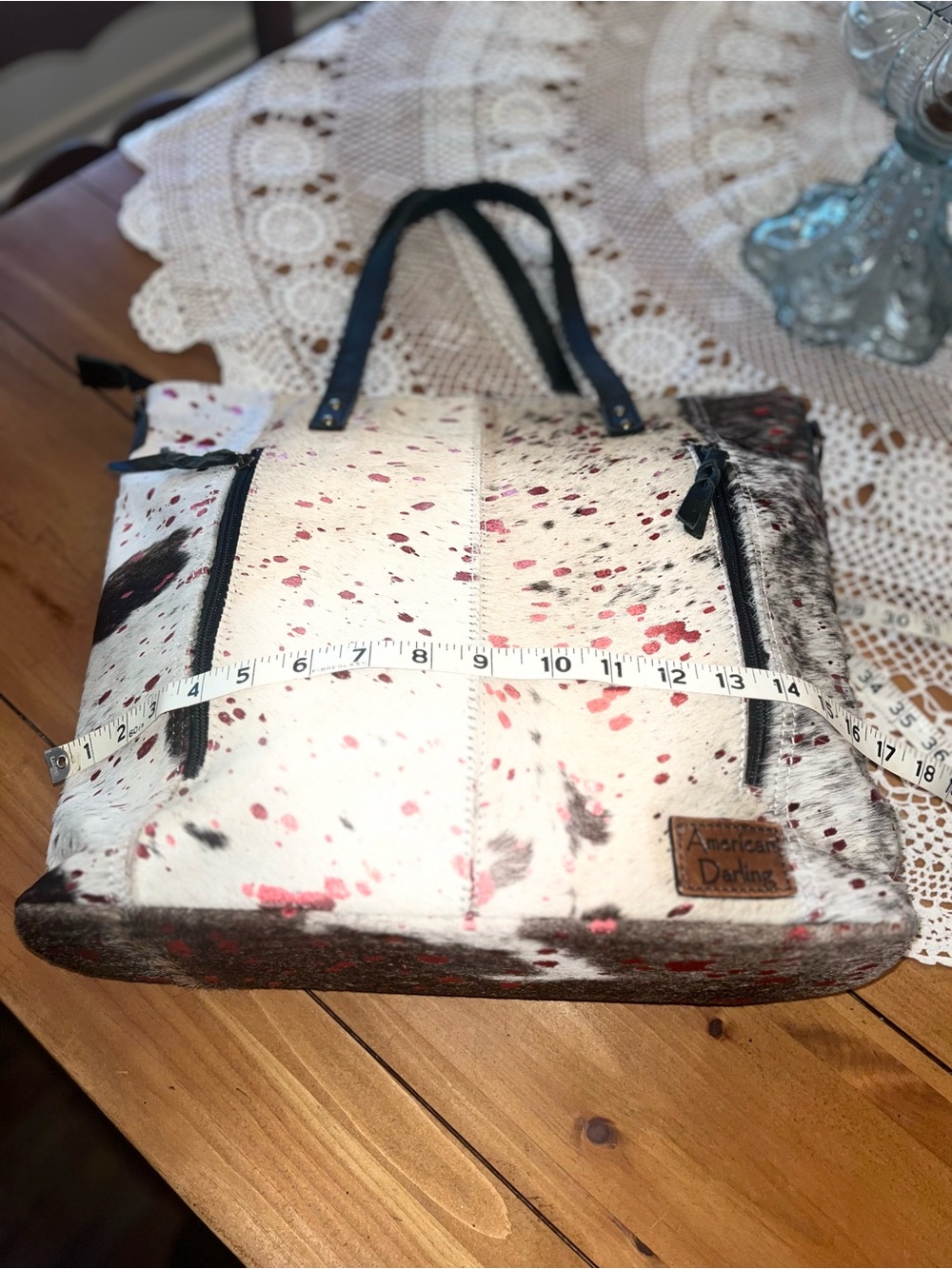 American Darling Speckled Cowhide Tote Bag with Brown Leather Straps - Picture 4 of 14